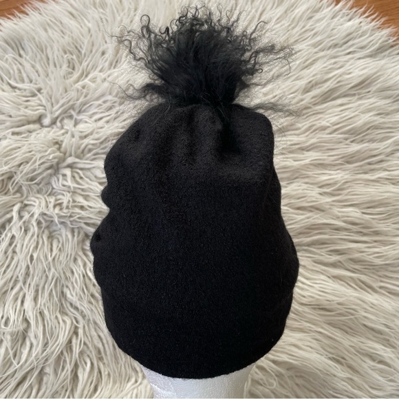 ARAE Black Freya Boiled Wool Polar Fleece Mongolian Fur Pom Pom Beanie Hat OS - Picture 3 of 8